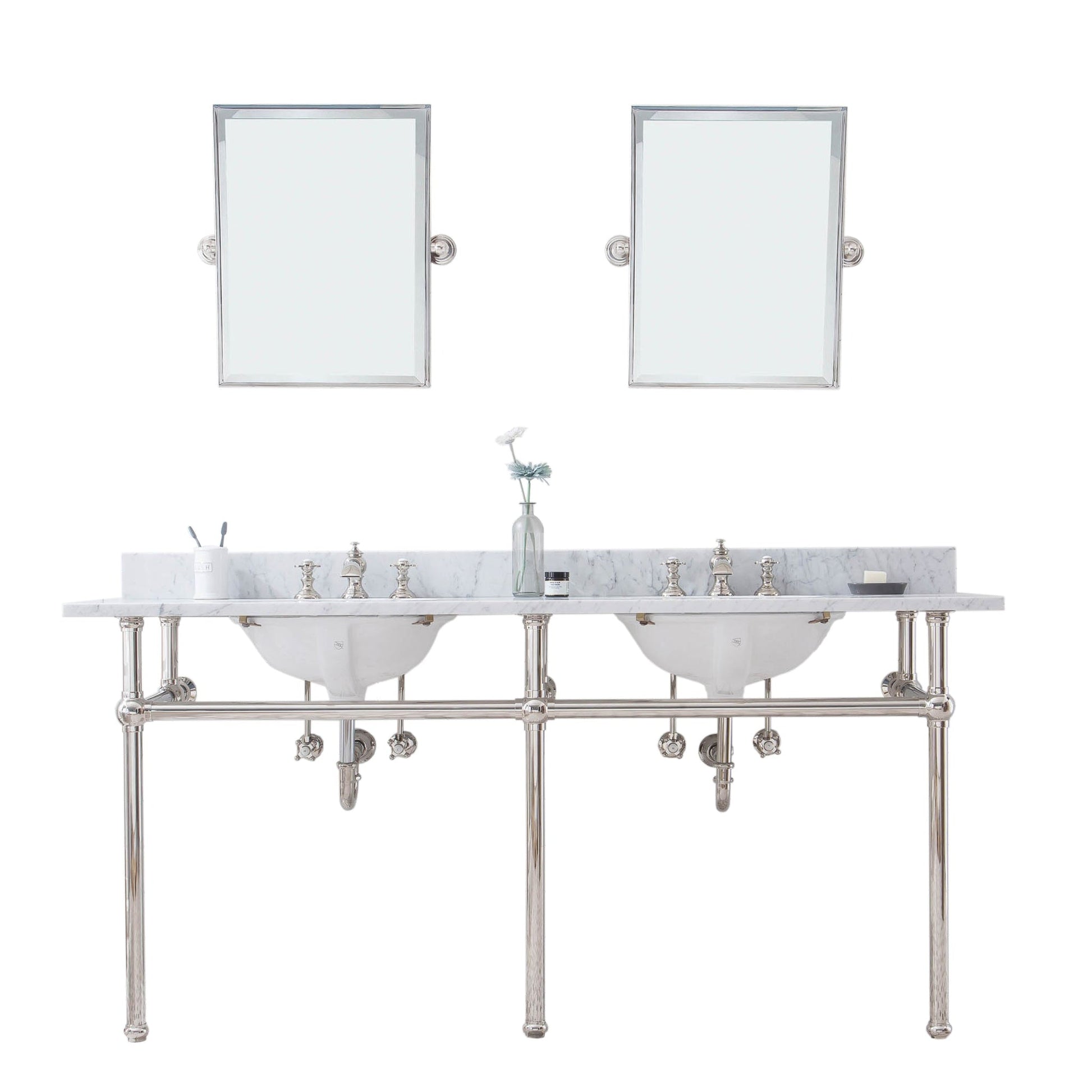 Water Creation Embassy 72" Wide Double Wash Stand, P-Trap, Counter Top with Basin, F2-0013 Faucet and Mirror included in Polished Nickel (PVD) Finish