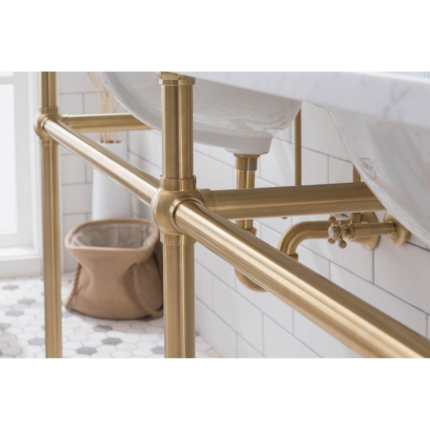 Water Creation Embassy 72" Wide Double Wash Stand, P-Trap, Counter Top with Basin, F2-0013 Faucet and Mirror included in Satin Gold Finish