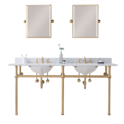 Water Creation Embassy 72" Wide Double Wash Stand, P-Trap, Counter Top with Basin, F2-0013 Faucet and Mirror included in Satin Gold Finish