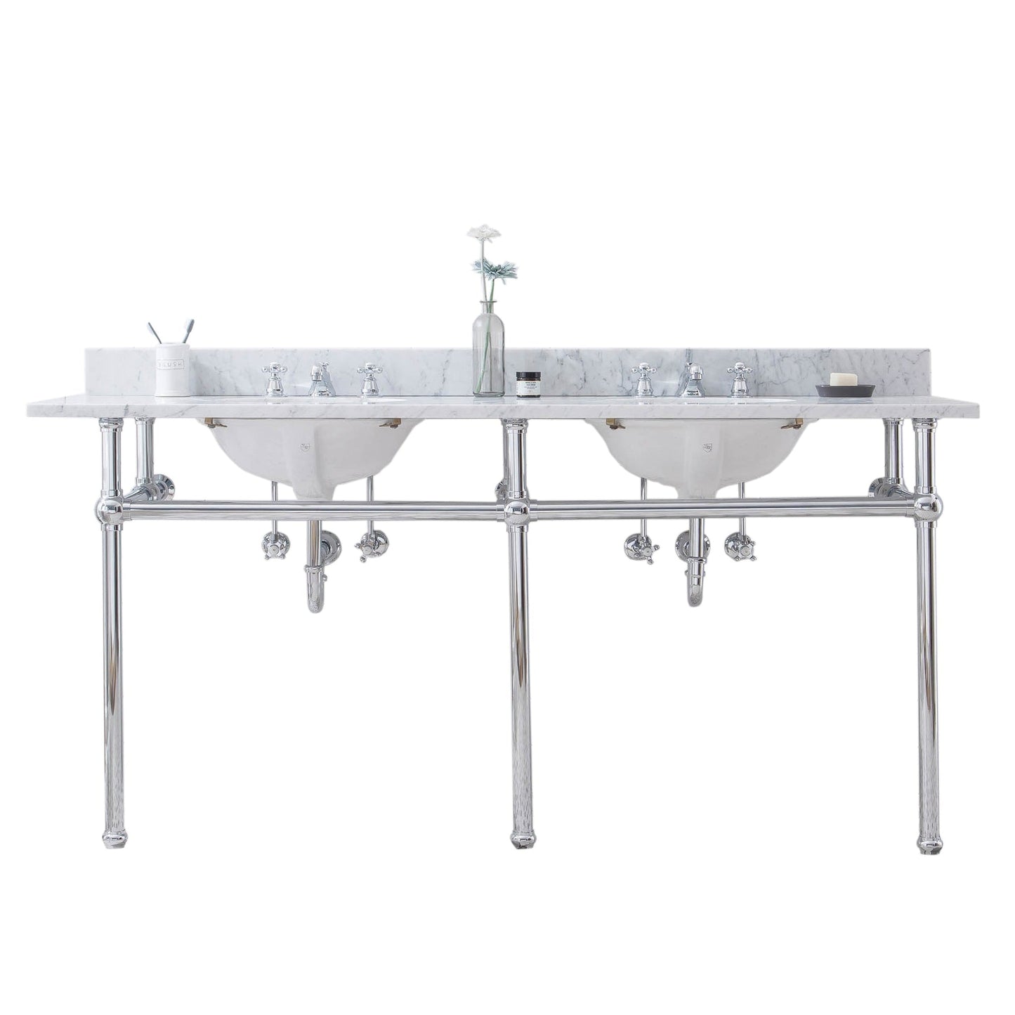 Water Creation Embassy 72" Wide Double Wash Stand, P-Trap, Counter Top with Basin, and F2-0009 Faucet included in Chrome Finish