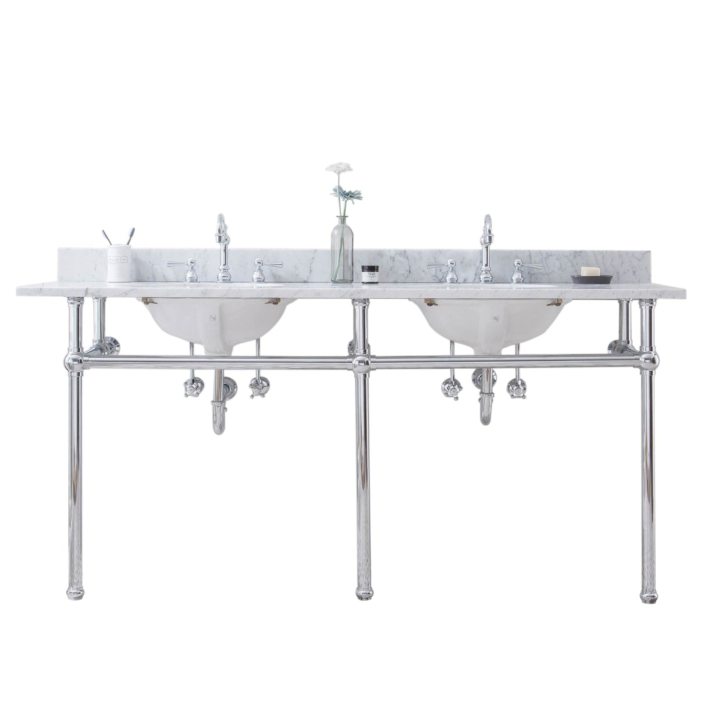 Water Creation Embassy 72" Wide Double Wash Stand, P-Trap, Counter Top with Basin, and F2-0012 Faucet included in Chrome Finish