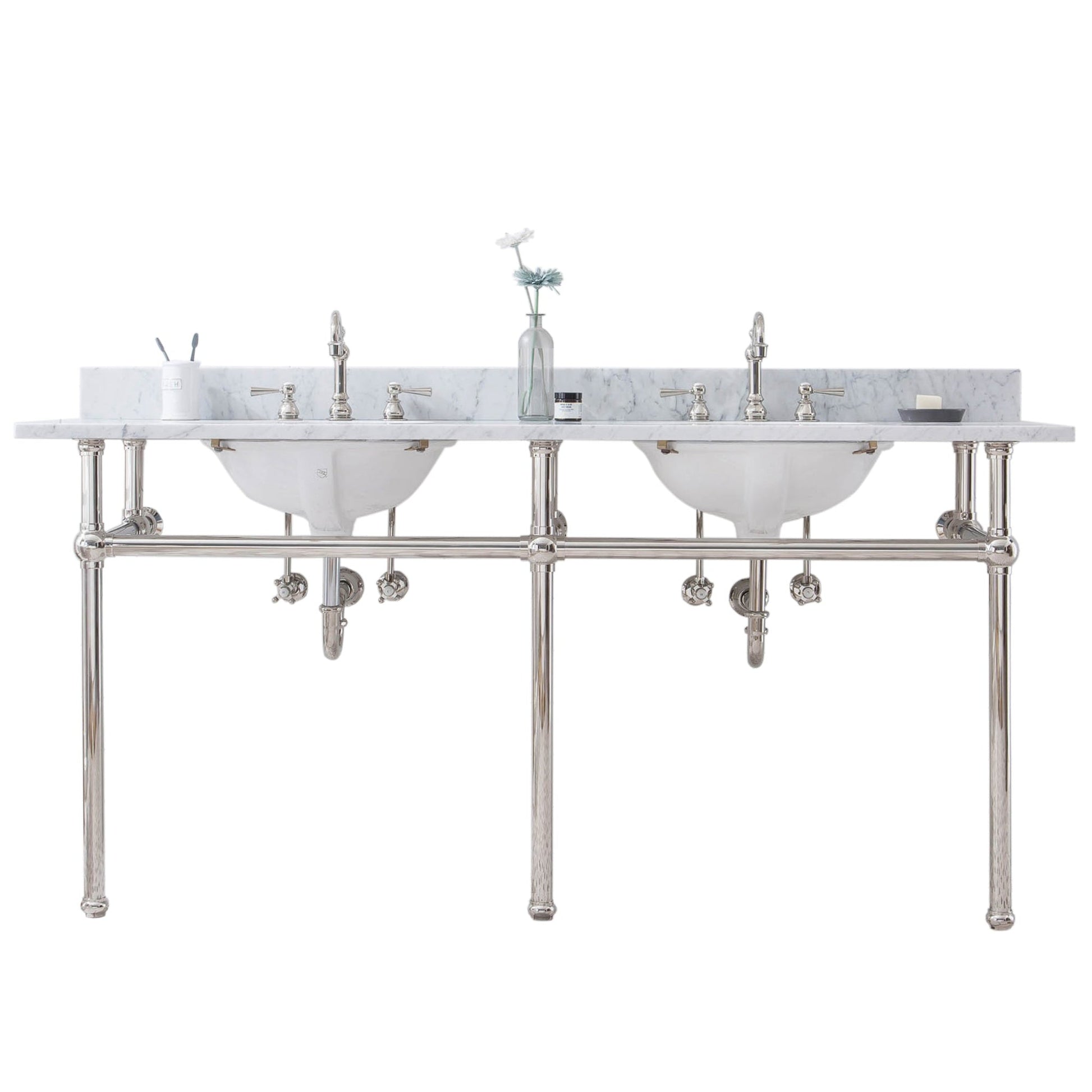 Water Creation Embassy 72" Wide Double Wash Stand, P-Trap, Counter Top with Basin, and F2-0012 Faucet included in Polished Nickel (PVD) Finish