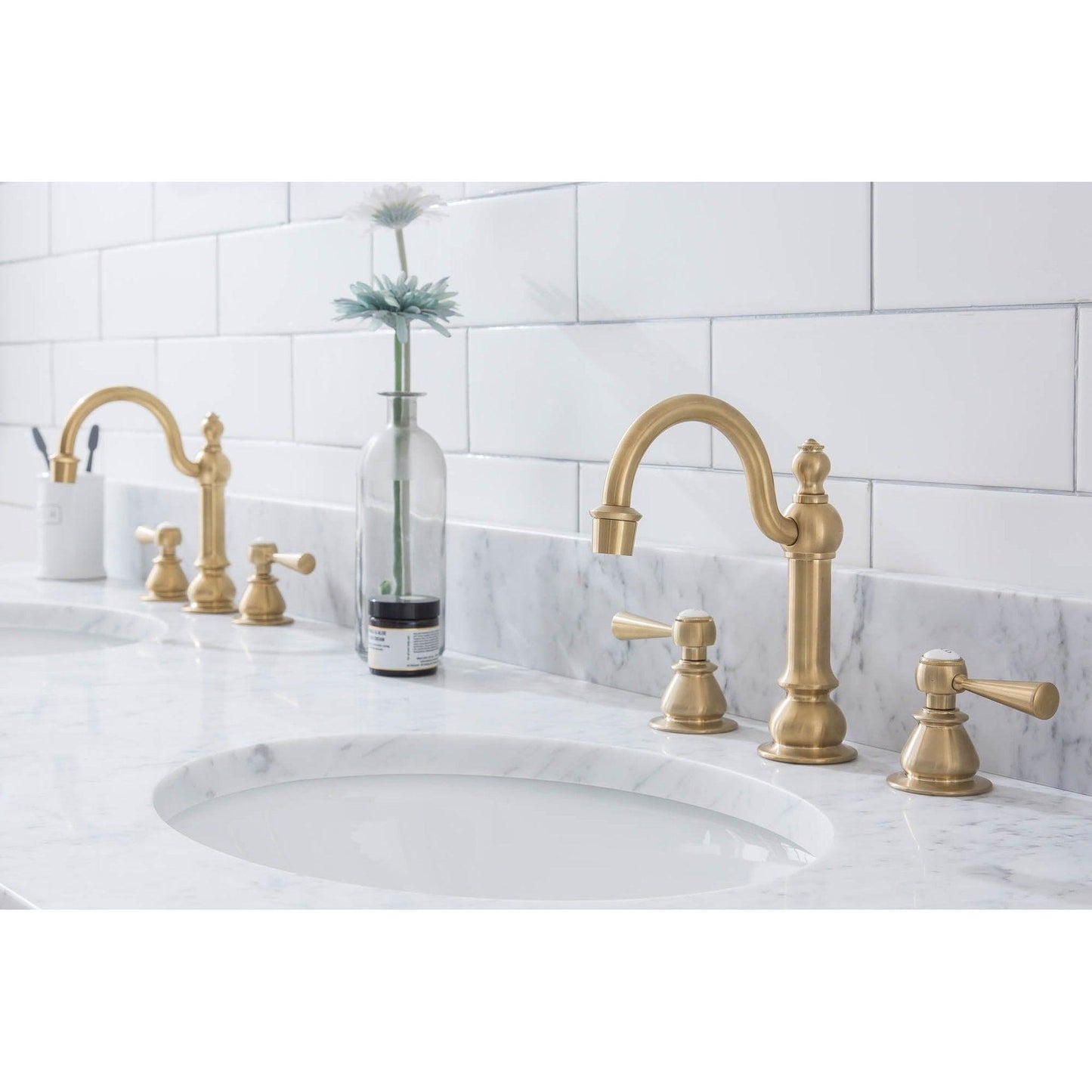 Water Creation Embassy 72" Wide Double Wash Stand, P-Trap, Counter Top with Basin, and F2-0012 Faucet included in Satin Gold Finish