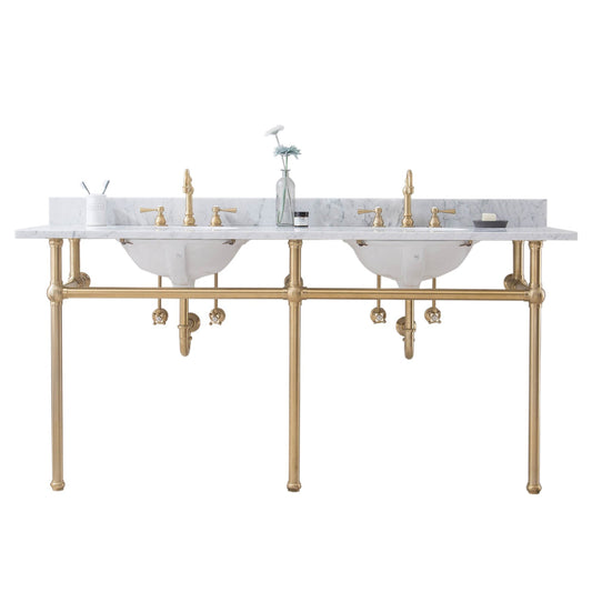 Water Creation Embassy 72" Wide Double Wash Stand, P-Trap, Counter Top with Basin, and F2-0012 Faucet included in Satin Gold Finish