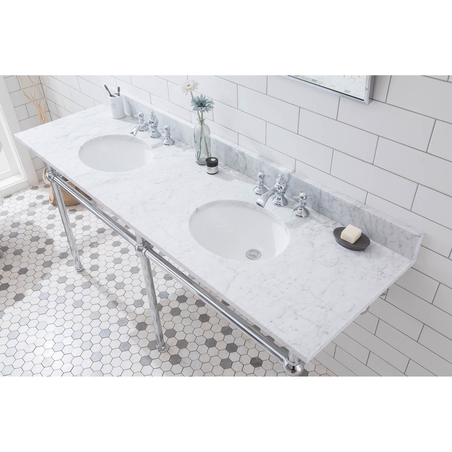 Water Creation Embassy 72" Wide Double Wash Stand, P-Trap, Counter Top with Basin, and F2-0013 Faucet included in Chrome Finish