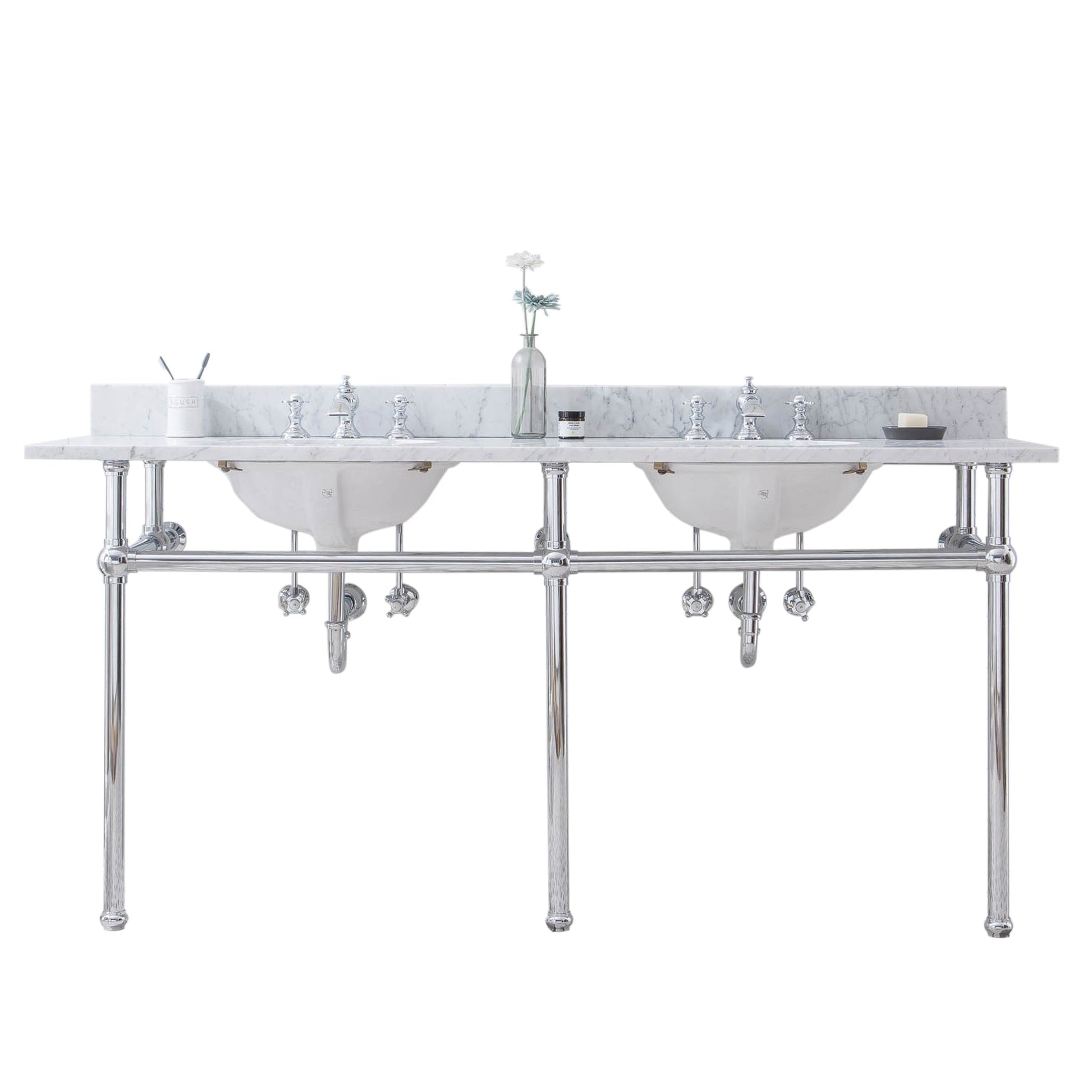 Water Creation Embassy 72" Wide Double Wash Stand, P-Trap, Counter Top with Basin, and F2-0013 Faucet included in Chrome Finish