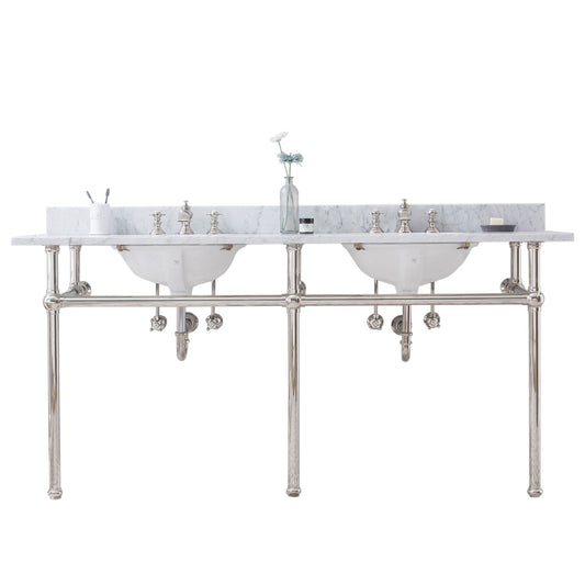 Water Creation Embassy 72" Wide Double Wash Stand, P-Trap, Counter Top with Basin, and F2-0013 Faucet included in Polished Nickel (PVD) Finish