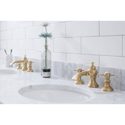 Water Creation Embassy 72" Wide Double Wash Stand, P-Trap, Counter Top with Basin, and F2-0013 Faucet included in Satin Gold Finish