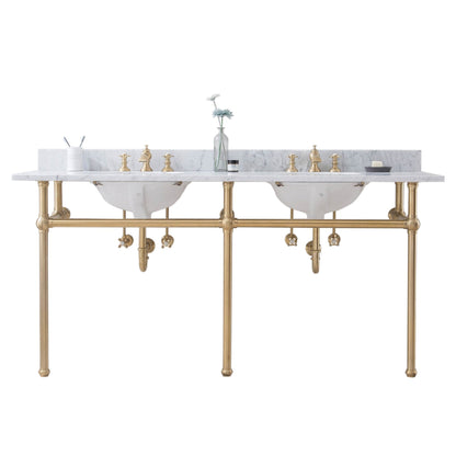 Water Creation Embassy 72" Wide Double Wash Stand, P-Trap, Counter Top with Basin, and F2-0013 Faucet included in Satin Gold Finish