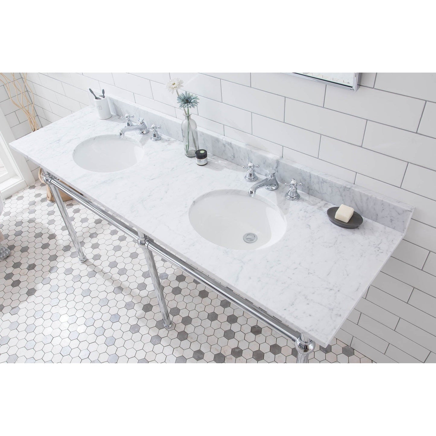 Water Creation Embassy 72" Wide Double Wash Stand, P-Trap, and Counter Top with Basin included in Chrome Finish