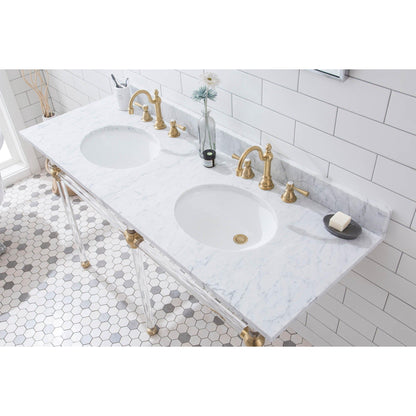 Water Creation Empire 60" Wide Double Wash Stand, P-Trap, Counter Top with Basin, F2-0012 Faucet and Mirror included in Satin Gold Finish