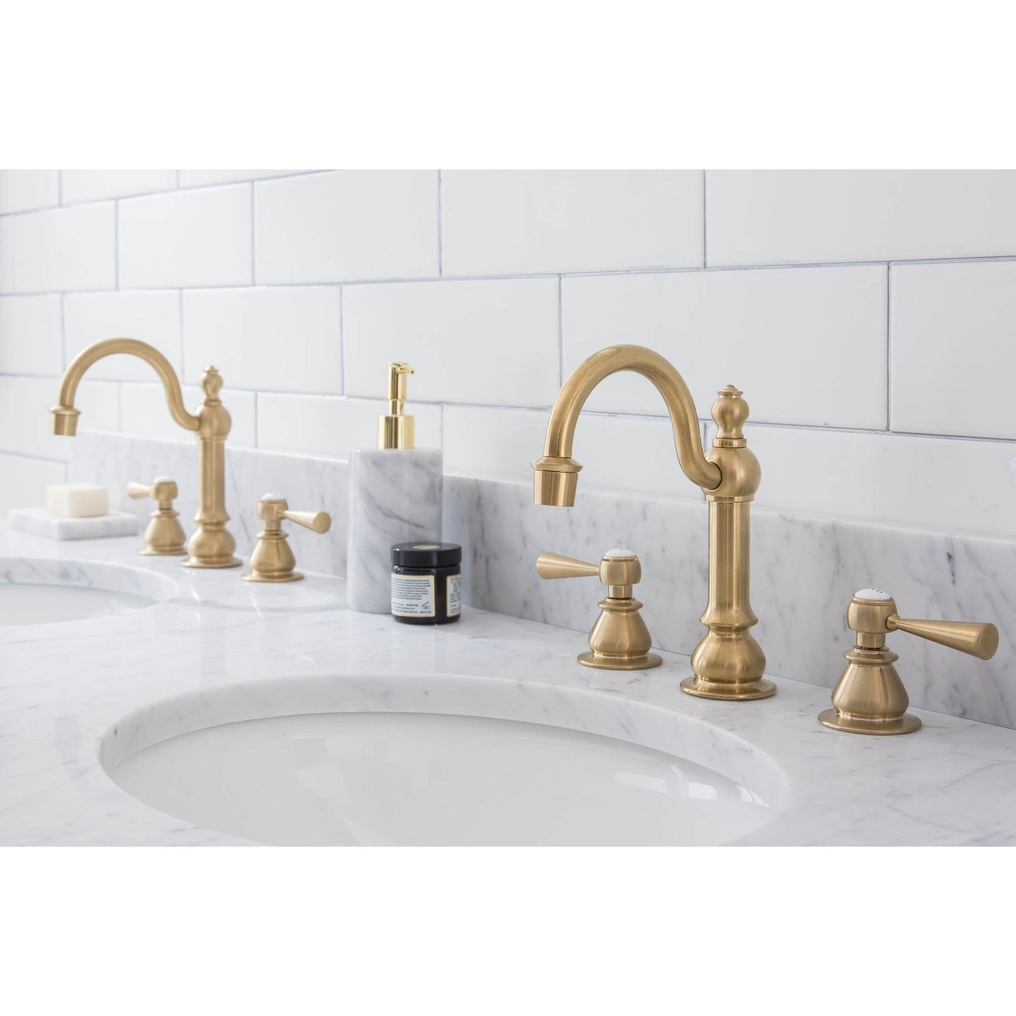 Water Creation Empire 60" Wide Double Wash Stand, P-Trap, Counter Top with Basin, F2-0012 Faucet and Mirror included in Satin Gold Finish
