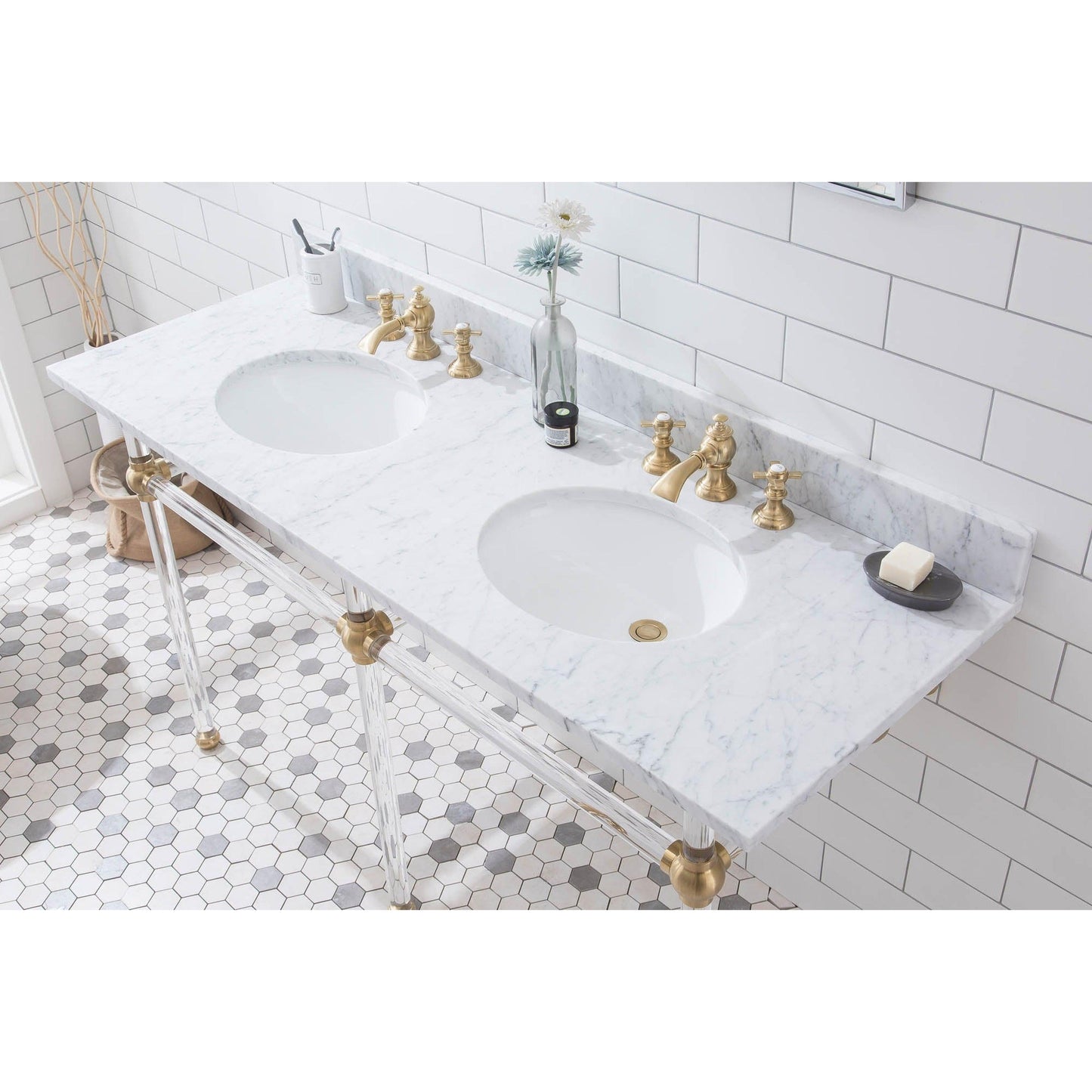 Water Creation Empire 60" Wide Double Wash Stand, P-Trap, Counter Top with Basin, F2-0013 Faucet and Mirror included in Satin Gold Finish