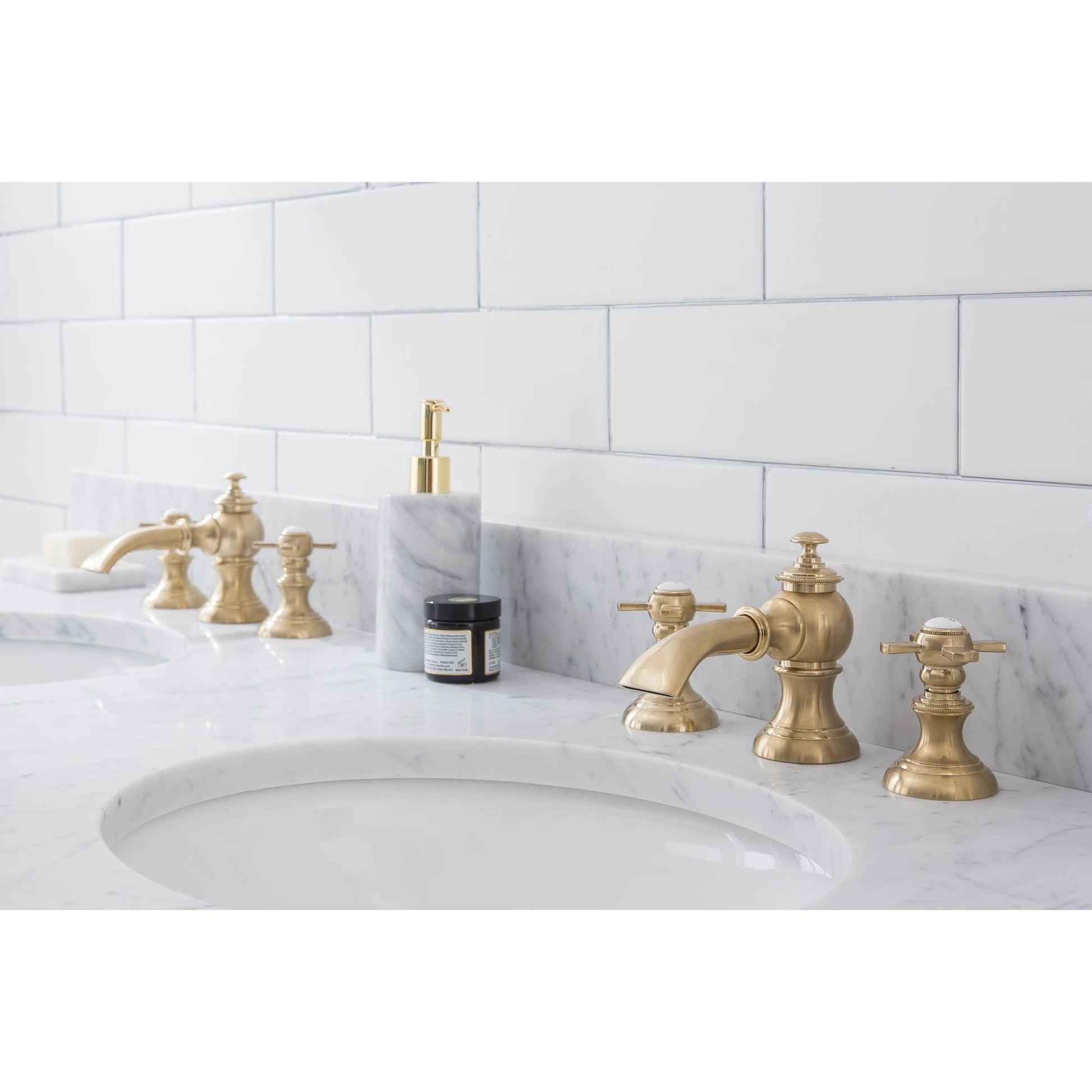 Water Creation Empire 60" Wide Double Wash Stand, P-Trap, Counter Top with Basin, and F2-0013 Faucet included in Satin Gold Finish