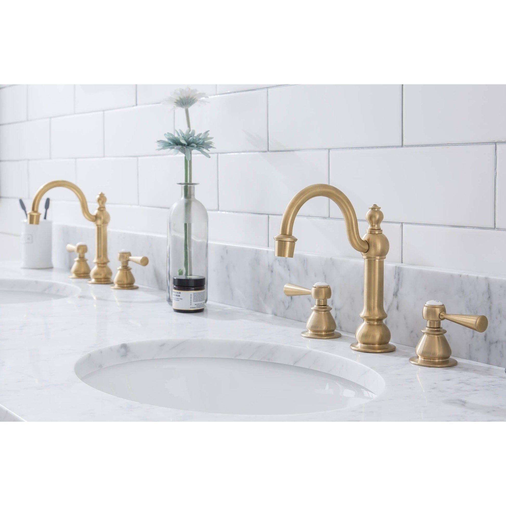 Water Creation Empire 72" Wide Double Wash Stand, P-Trap, Counter Top with Basin, F2-0012 Faucet and Mirror included in Satin Gold Finish