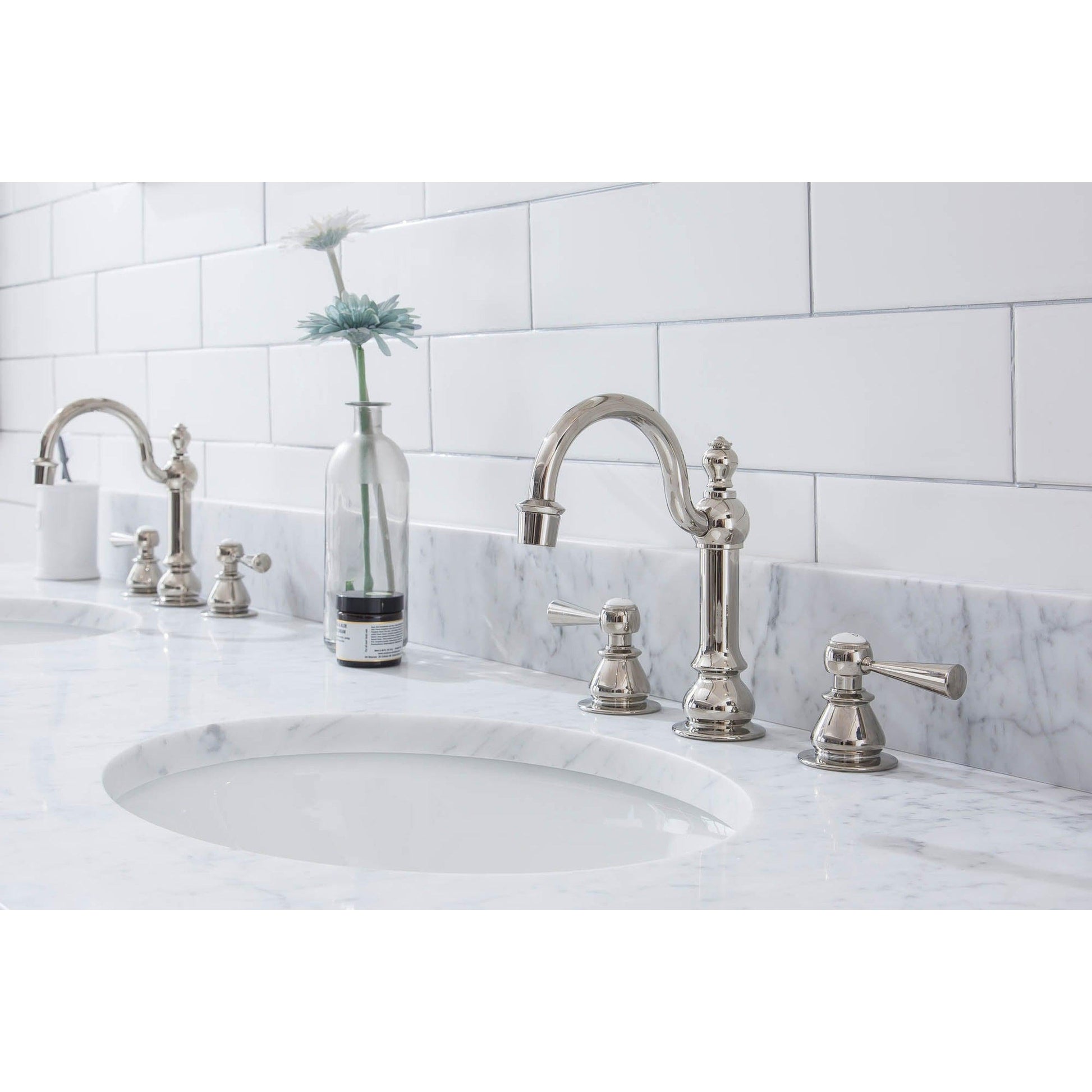 Water Creation Empire 72" Wide Double Wash Stand, P-Trap, Counter Top with Basin, and F2-0012 Faucet included in Polished Nickel (PVD) Finish