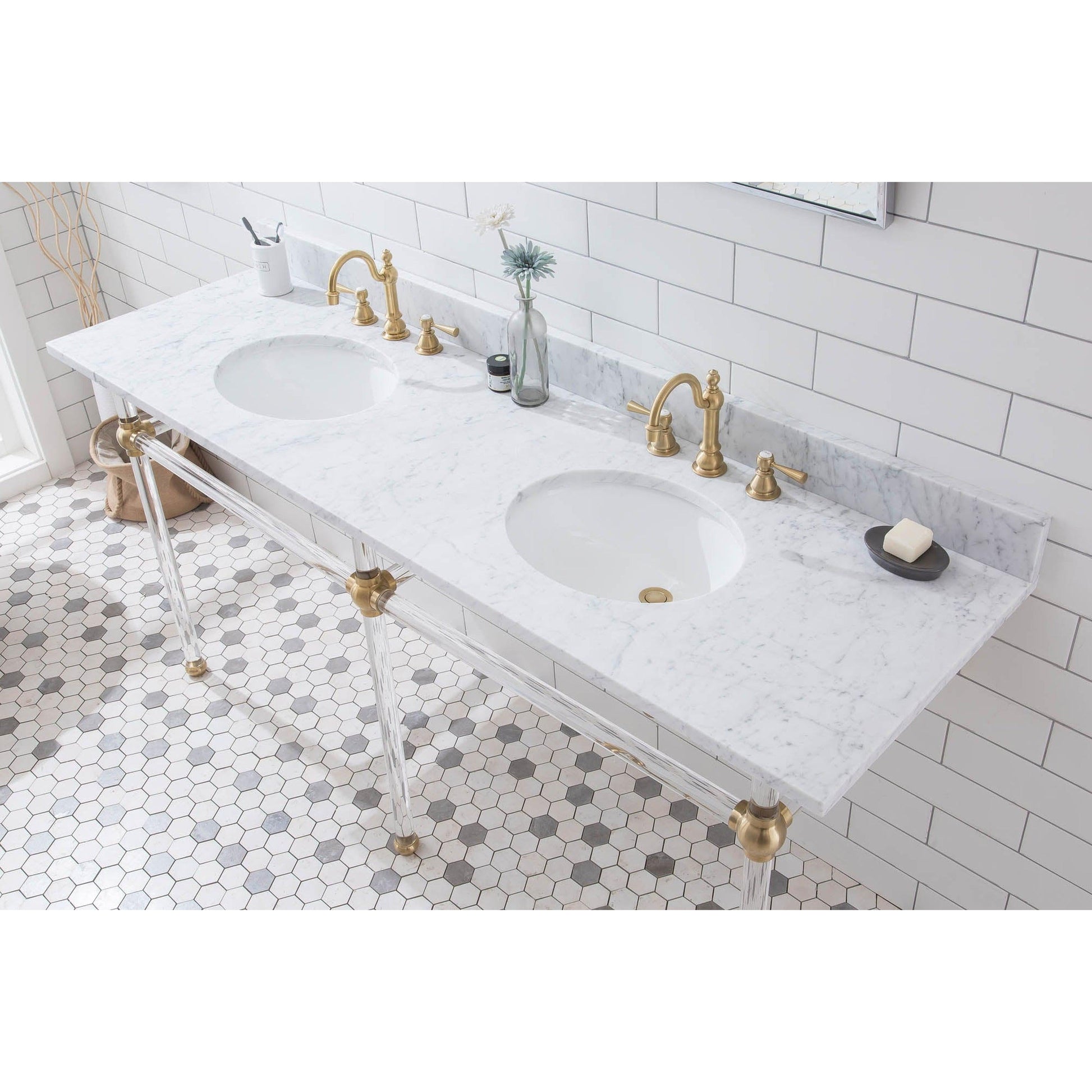 Water Creation Empire 72" Wide Double Wash Stand, P-Trap, Counter Top with Basin, and F2-0012 Faucet included in Satin Gold Finish