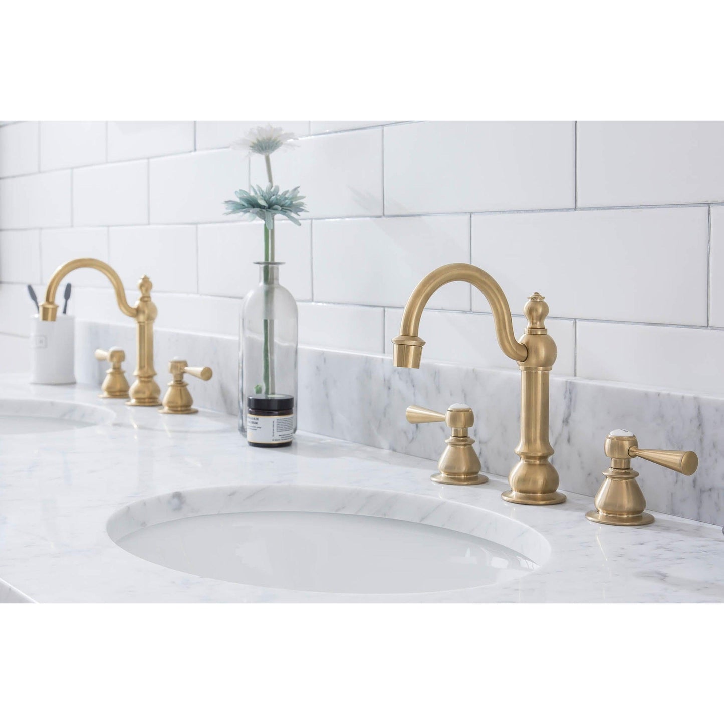 Water Creation Empire 72" Wide Double Wash Stand, P-Trap, Counter Top with Basin, and F2-0012 Faucet included in Satin Gold Finish