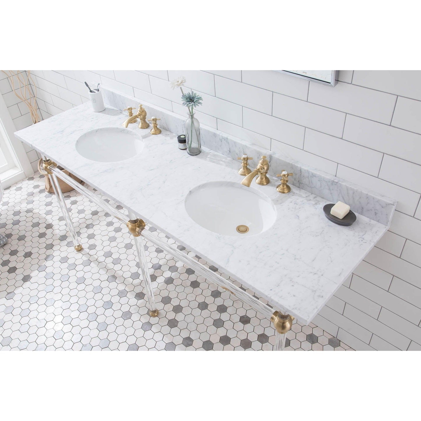 Water Creation Empire 72" Wide Double Wash Stand, P-Trap, Counter Top with Basin, and F2-0013 Faucet included in Satin Gold Finish