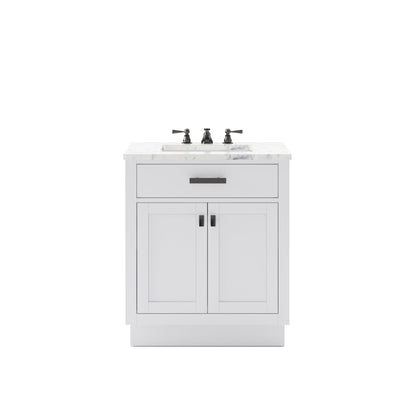 Water Creation Hartford 30" Single Sink Carrara White Marble Countertop Bath Vanity in Pure White