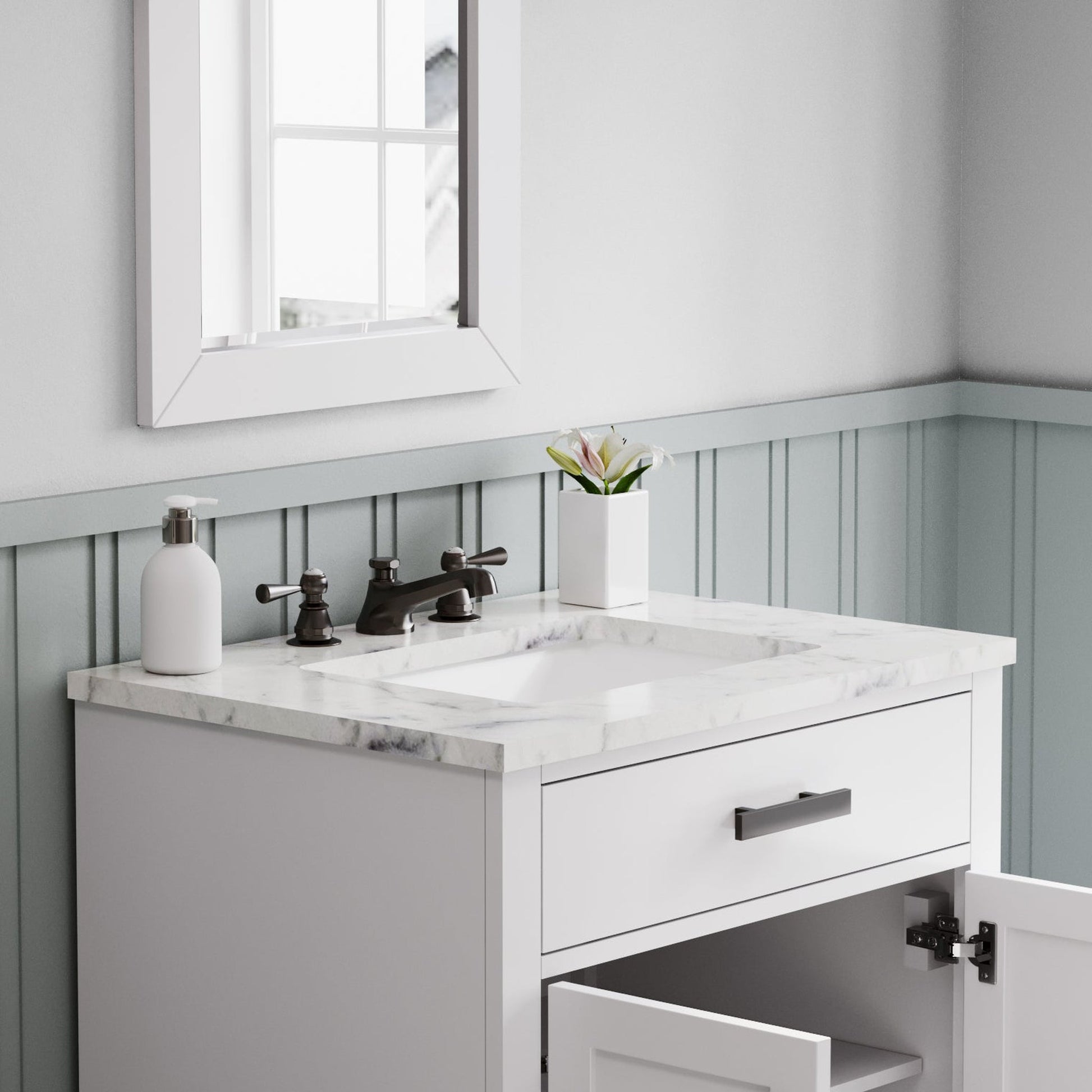 Water Creation Hartford 30" Single Sink Carrara White Marble Countertop Bath Vanity in Pure White with Classic Faucet