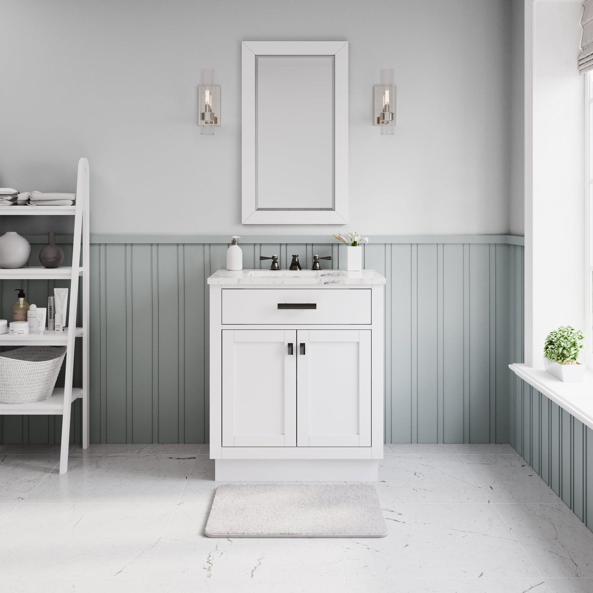 Water Creation Hartford 30" Single Sink Carrara White Marble Countertop Bath Vanity in Pure White with Classic Faucet