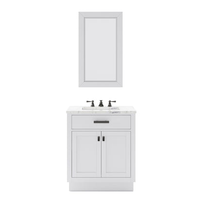 Water Creation Hartford 30" Single Sink Carrara White Marble Countertop Bath Vanity in Pure White with Classic Faucet and Rectangular Mirror