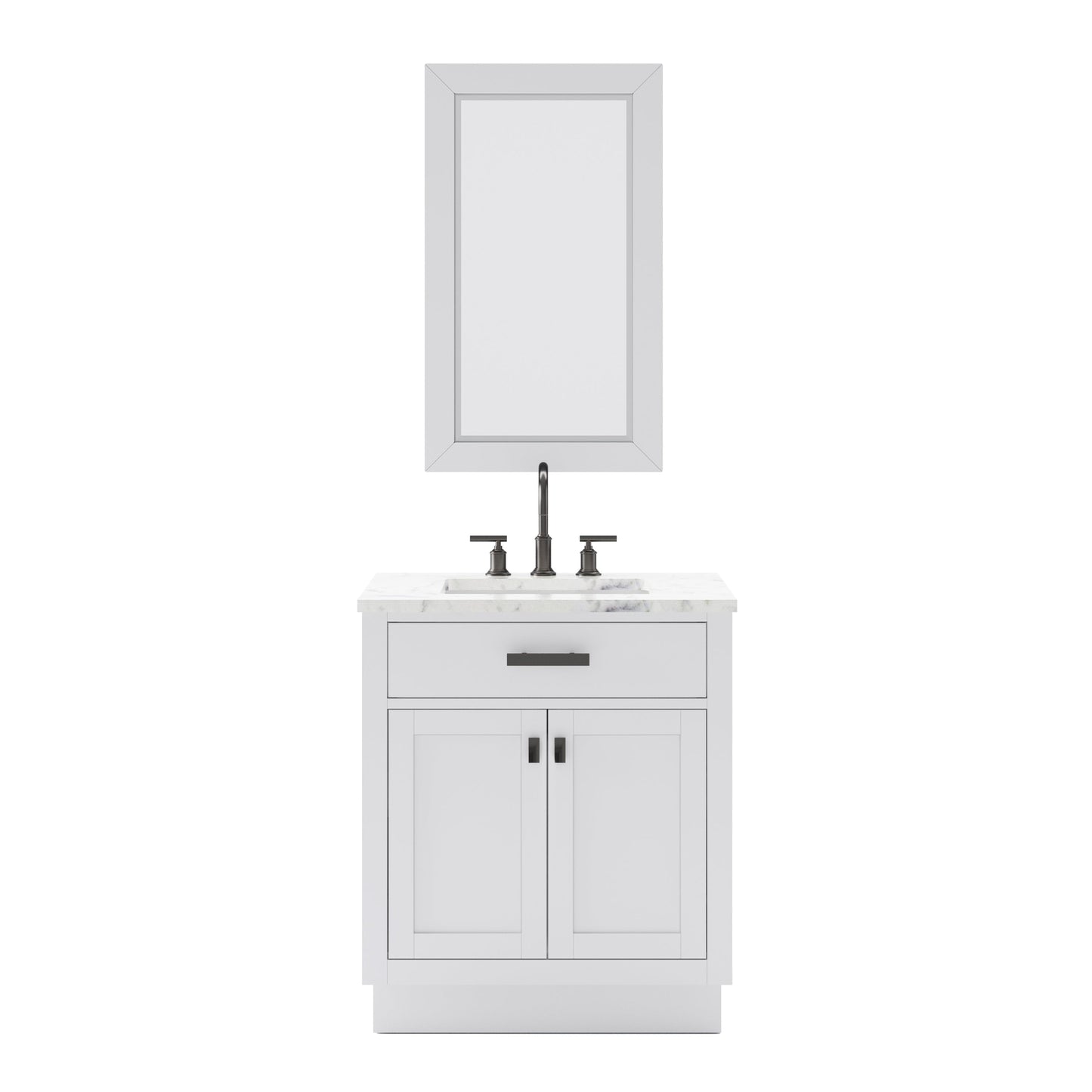 Water Creation Hartford 30" Single Sink Carrara White Marble Countertop Bath Vanity in Pure White with Gooseneck Faucet and Rectangular Mirror