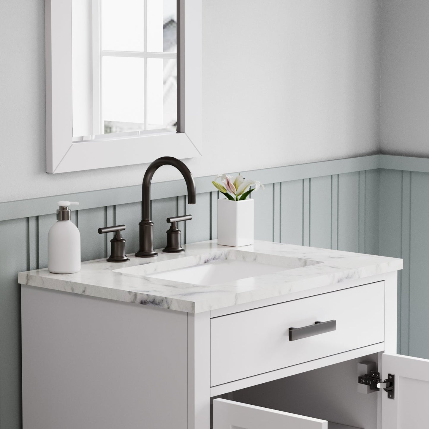 Water Creation Hartford 30" Single Sink Carrara White Marble Countertop Bath Vanity in Pure White with Gooseneck Faucet and Rectangular Mirror