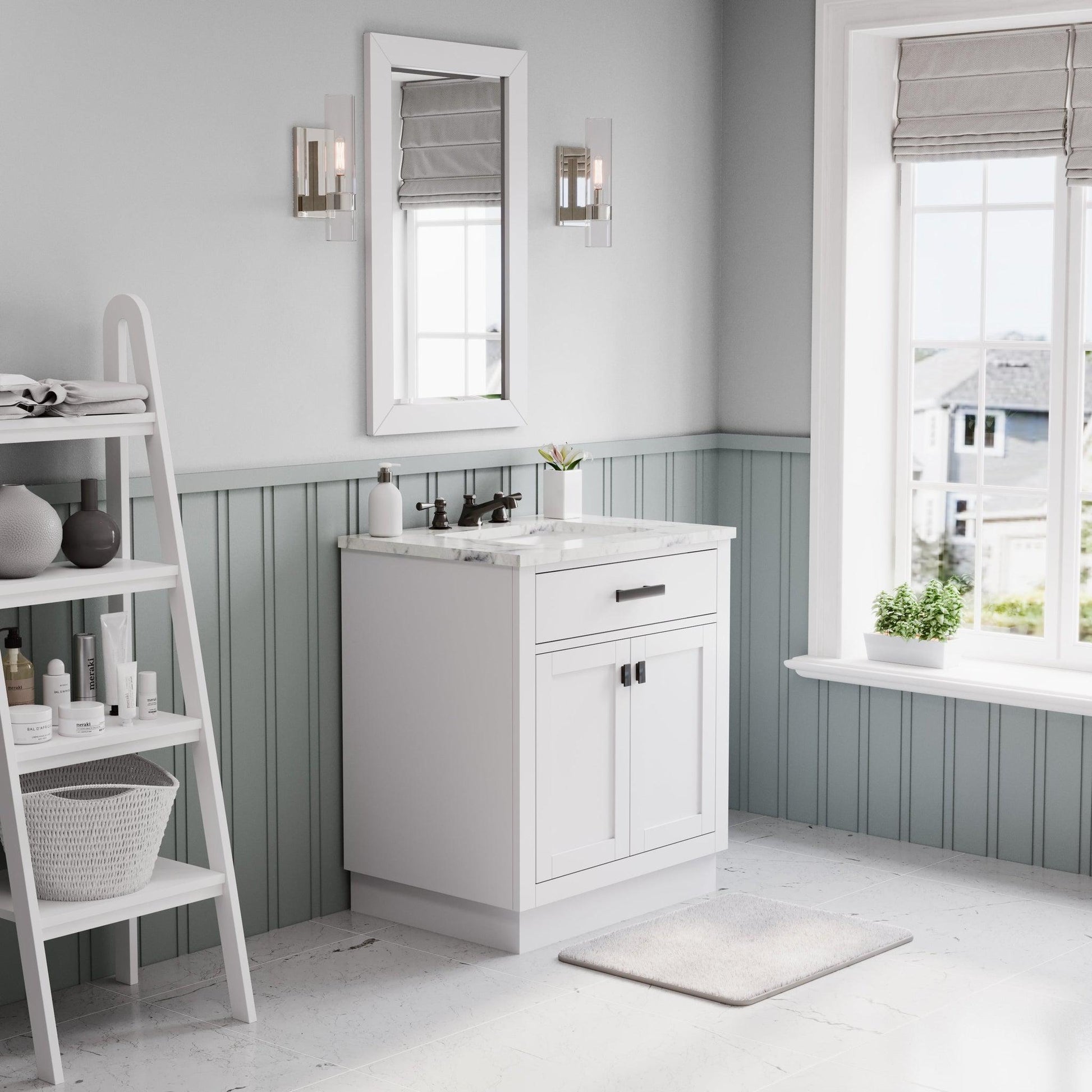 Water Creation Hartford 30" Single Sink Carrara White Marble Countertop Bath Vanity in Pure White with Rectangular Mirror