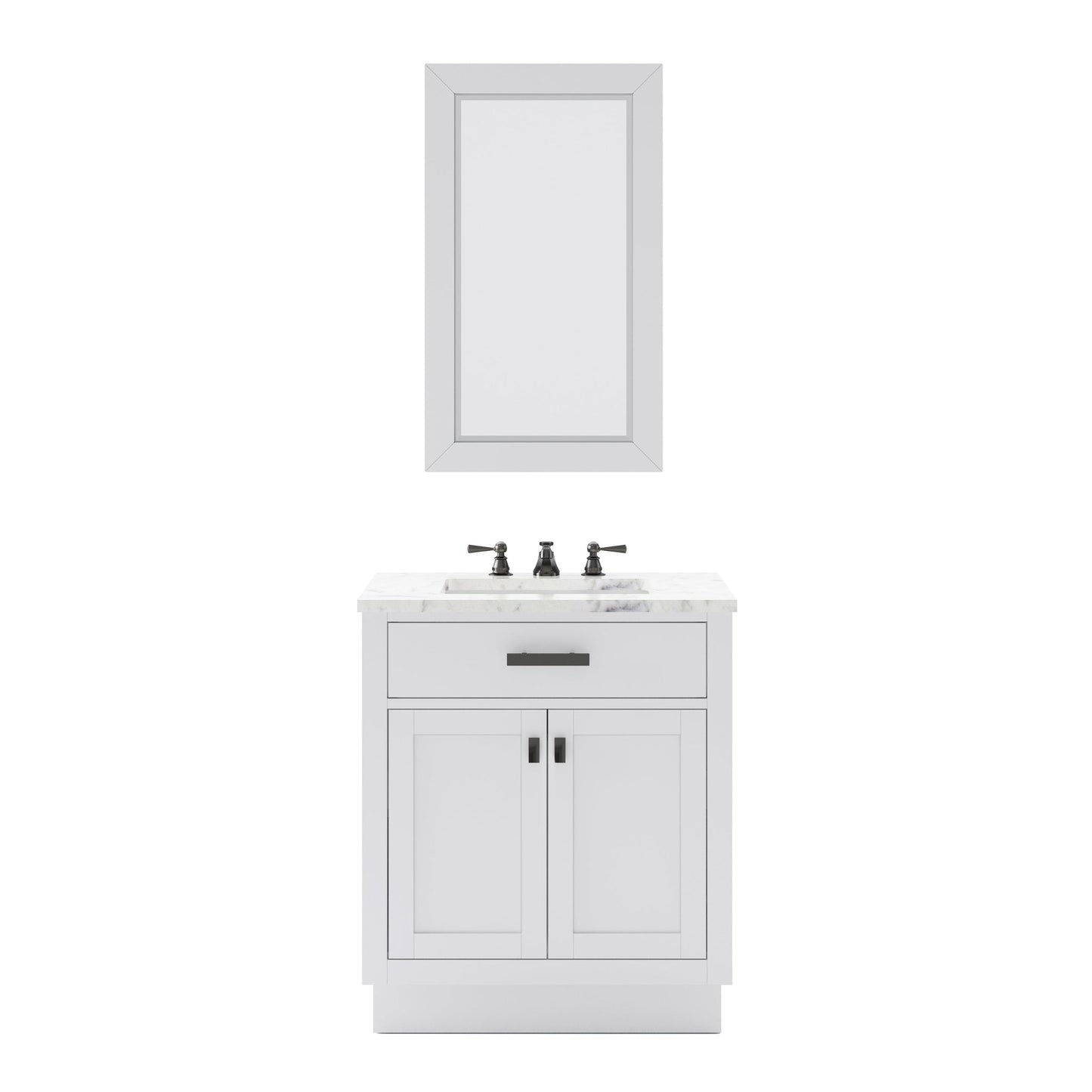 Water Creation Hartford 30" Single Sink Carrara White Marble Countertop Bath Vanity in Pure White with Rectangular Mirror