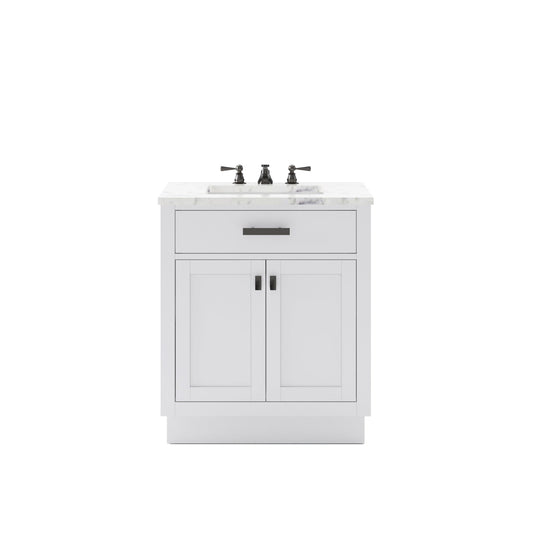 Water Creation Hartford 30" Single Sink Carrara White Marble Countertop Bath Vanity in Pure White