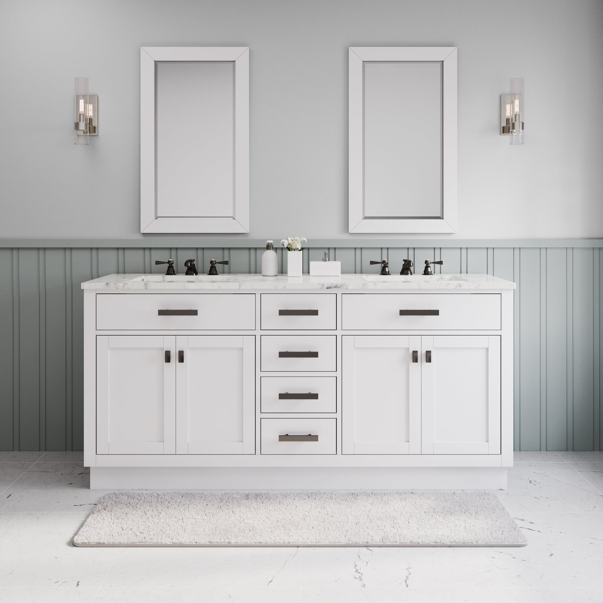 Water Creation Hartford 72" Double Sink Carrara White Marble Countertop Bath Vanity in Pure White with Classic Faucet and Rectangular Mirror