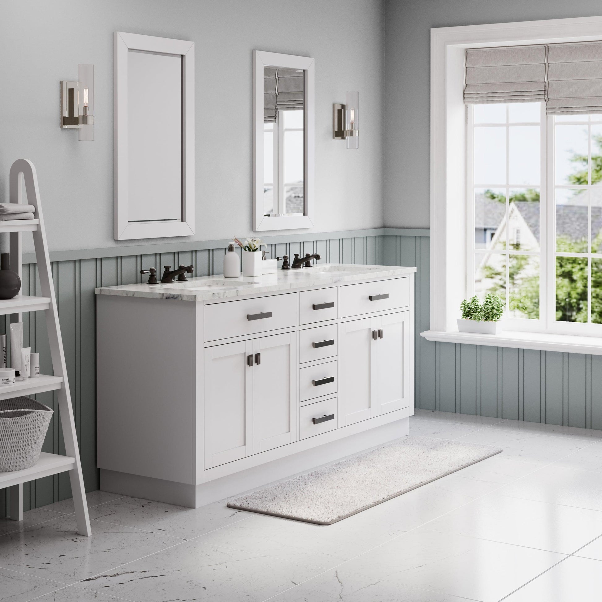 Water Creation Hartford 72" Double Sink Carrara White Marble Countertop Bath Vanity in Pure White with Classic Faucet and Rectangular Mirror