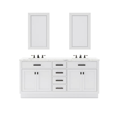 Water Creation Hartford 72" Double Sink Carrara White Marble Countertop Bath Vanity in Pure White with Classic Faucet and Rectangular Mirror