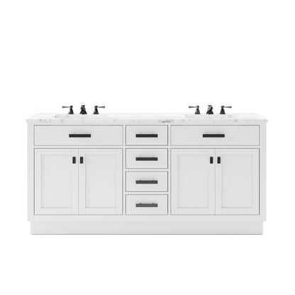Water Creation Hartford 72" Double Sink Carrara White Marble Countertop Bath Vanity in Pure White with Classic Faucet