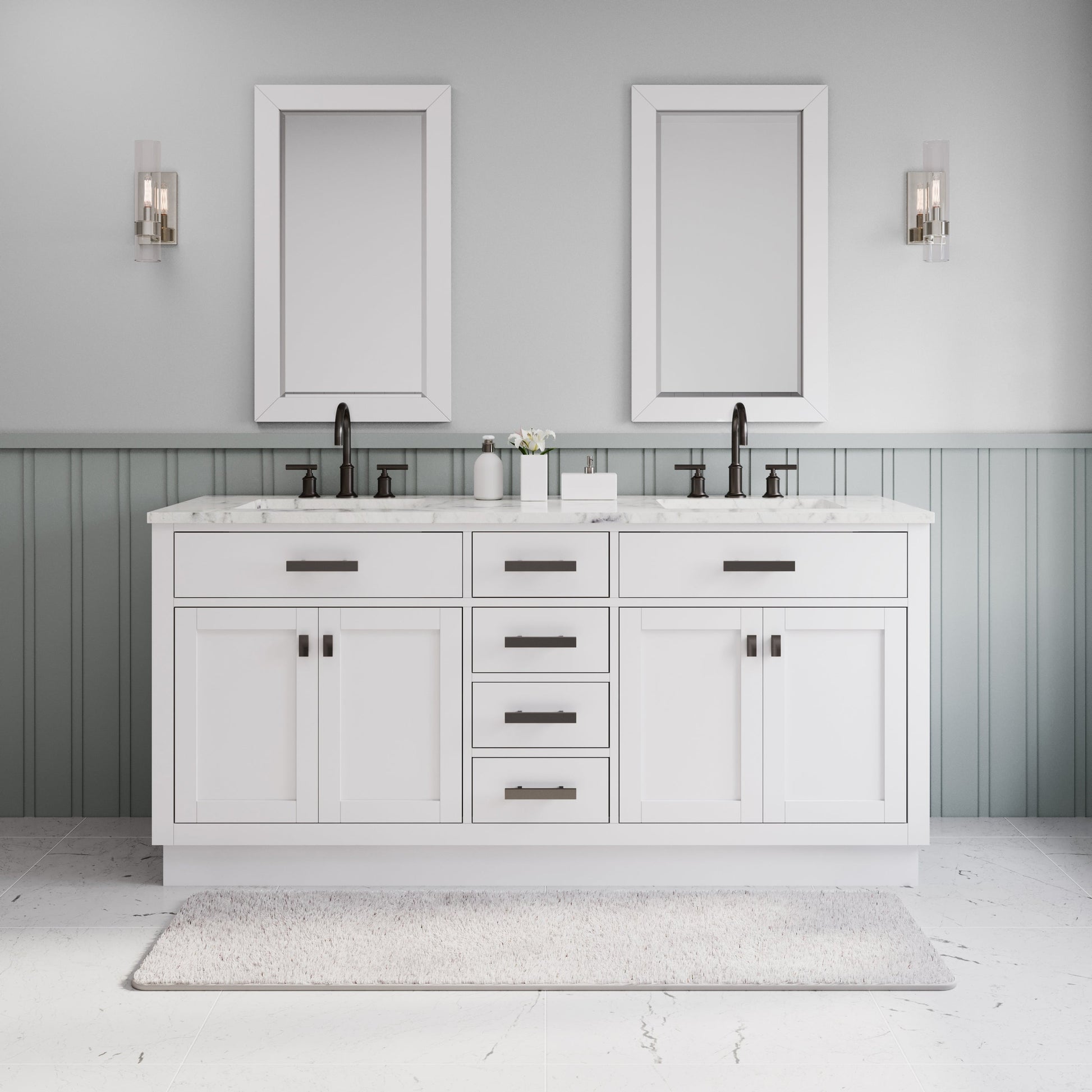 Water Creation Hartford 72" Double Sink Carrara White Marble Countertop Bath Vanity in Pure White with Gooseneck Faucet