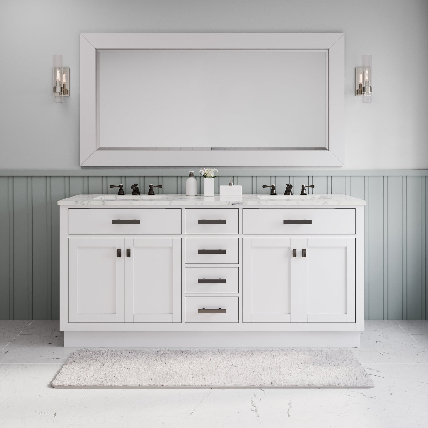 Water Creation Hartford 72" Double Sink Carrara White Marble Countertop Bath Vanity in Pure White with Gooseneck Faucet and Rectangular Mirror