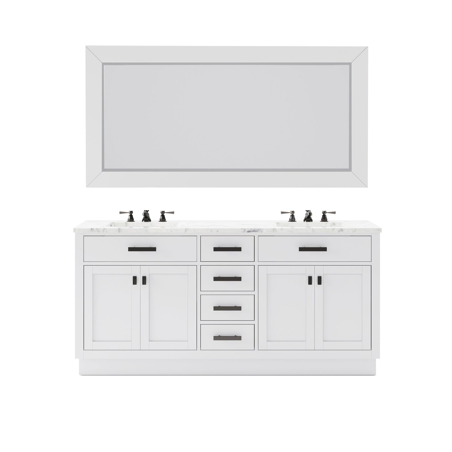 Water Creation Hartford 72" Double Sink Carrara White Marble Countertop Bath Vanity in Pure White with Gooseneck Faucet and Rectangular Mirror