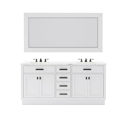 Water Creation Hartford 72" Double Sink Carrara White Marble Countertop Bath Vanity in Pure White with Gooseneck Faucet and Rectangular Mirror