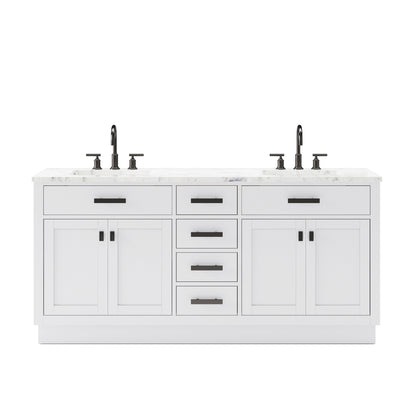 Water Creation Hartford 72" Double Sink Carrara White Marble Countertop Bath Vanity in Pure White with Gooseneck Faucet