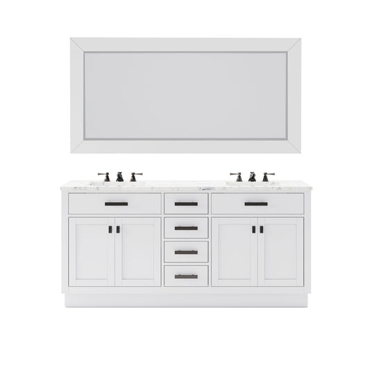 Water Creation Hartford 72" Double Sink Carrara White Marble Countertop Bath Vanity in Pure White with Rectangular Mirror