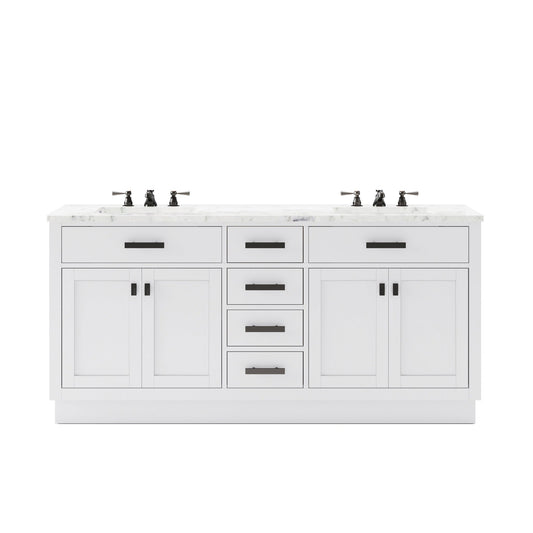 Water Creation Hartford 72" Double Sink Carrara White Marble Countertop Bath Vanity in Pure White