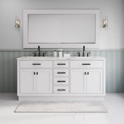 Water Creation Hartford 72" Double Sink Carrara White Marble Countertop Vanity in Pure White with Gooseneck Faucet and Mirror