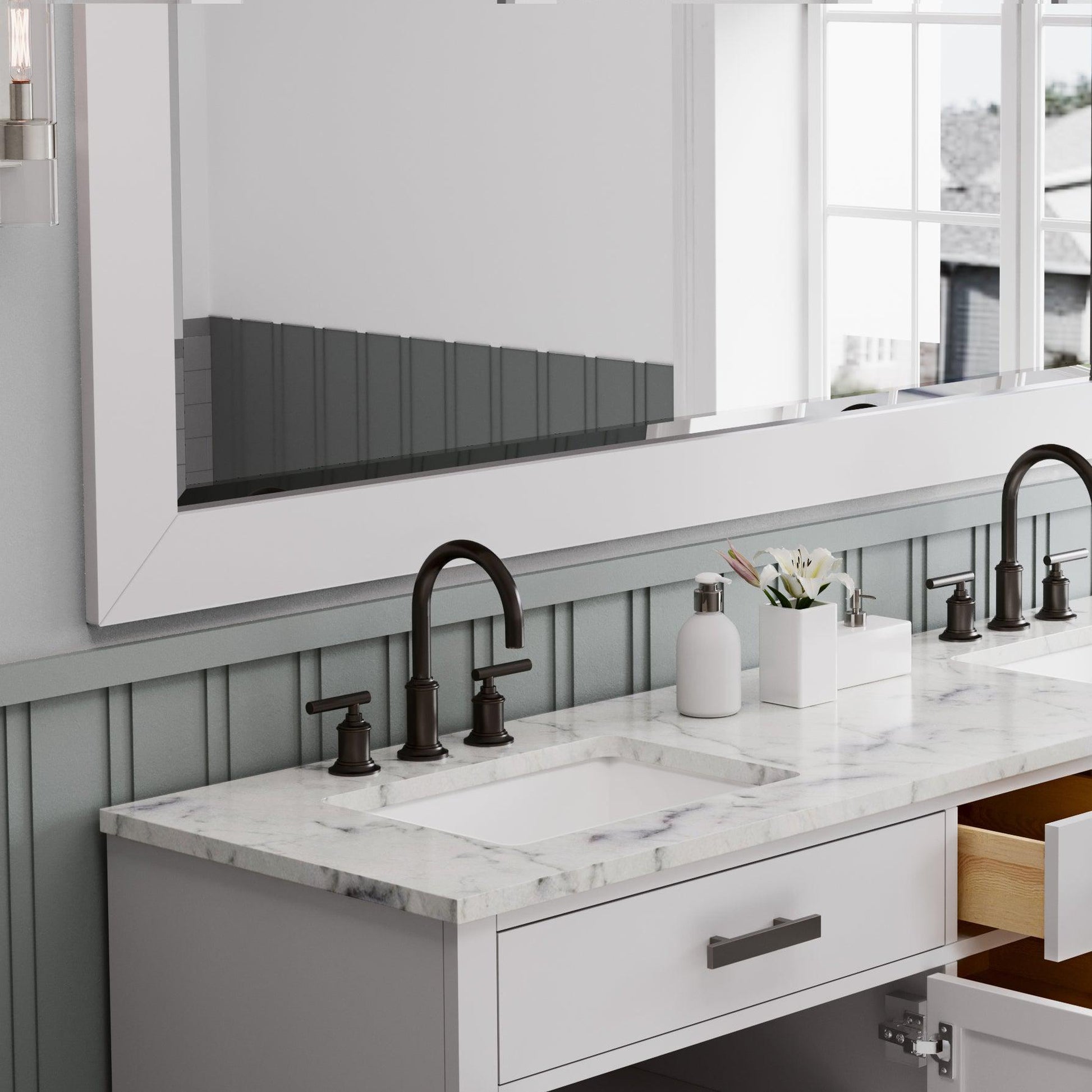 Water Creation Hartford 72" Double Sink Carrara White Marble Countertop Vanity in Pure White with Gooseneck Faucet and Mirror