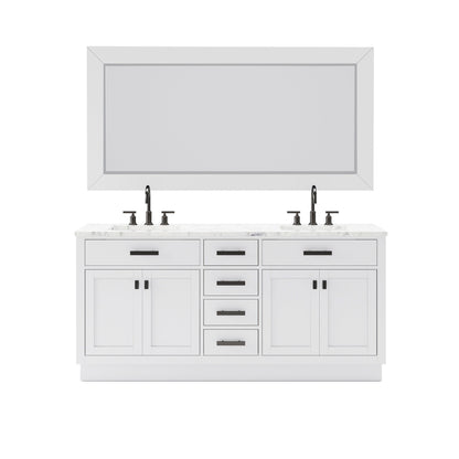 Water Creation Hartford 72" Double Sink Carrara White Marble Countertop Vanity in Pure White with Gooseneck Faucet and Mirror