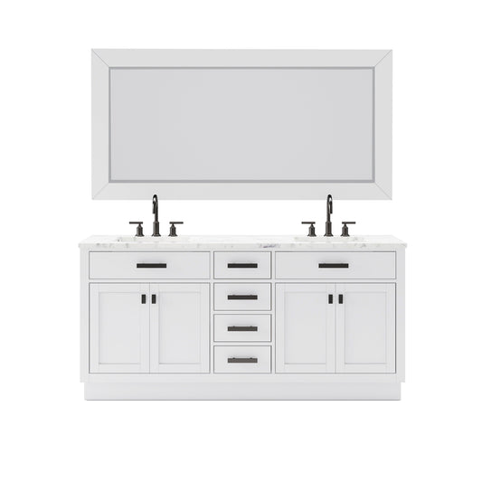 Water Creation Hartford 72" Double Sink Carrara White Marble Countertop Vanity in Pure White with Gooseneck Faucet and Mirror