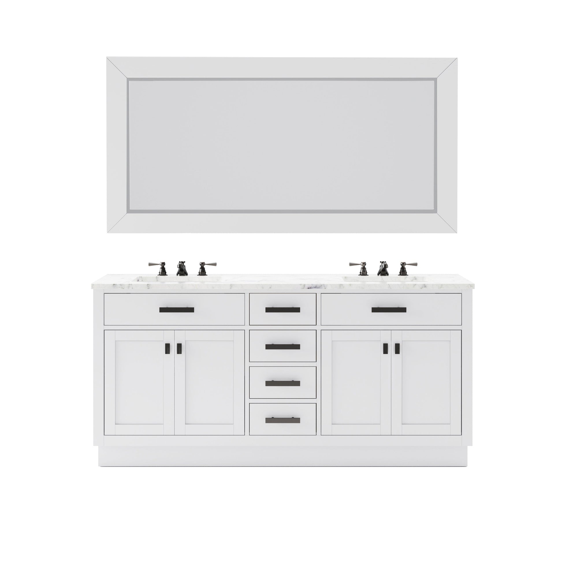 Water Creation Hartford 72" Double Sink Carrara White Marble Countertop Vanity in Pure White with Gooseneck Faucet and Rectangular Mirror