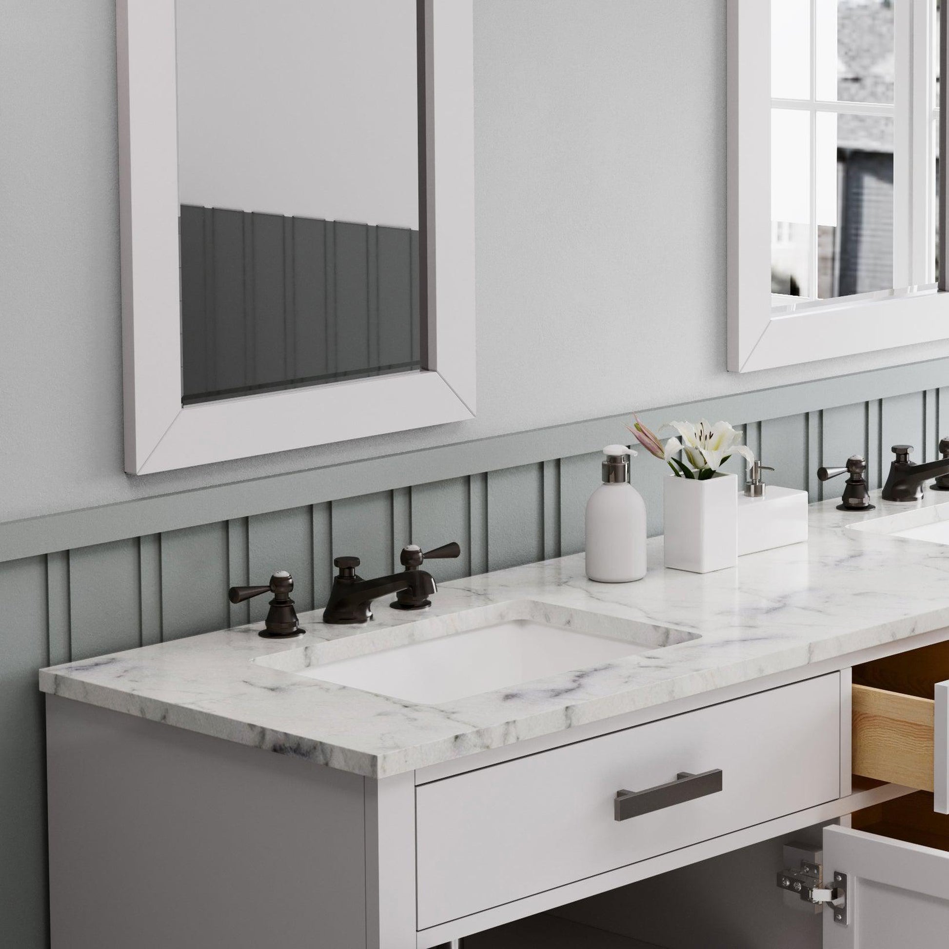 Water Creation Hartford 72" Double Sink Carrara White Marble Countertop Vanity in Pure White with Rectangular Mirror