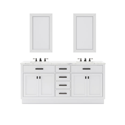 Water Creation Hartford 72" Double Sink Carrara White Marble Countertop Vanity in Pure White with Rectangular Mirror